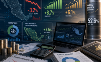 Ilustración editorial sobre finanzas públicas México 2026, con gráficos financieros, documentos, una laptop con datos, flechas de déficit y deuda, y un mapa abstracto del país.