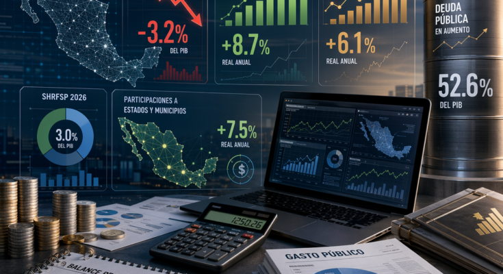Ilustración editorial sobre finanzas públicas México 2026, con gráficos financieros, documentos, una laptop con datos, flechas de déficit y deuda, y un mapa abstracto del país.