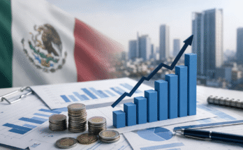 Gráfico ascendente y elementos financieros sobre economía en México.