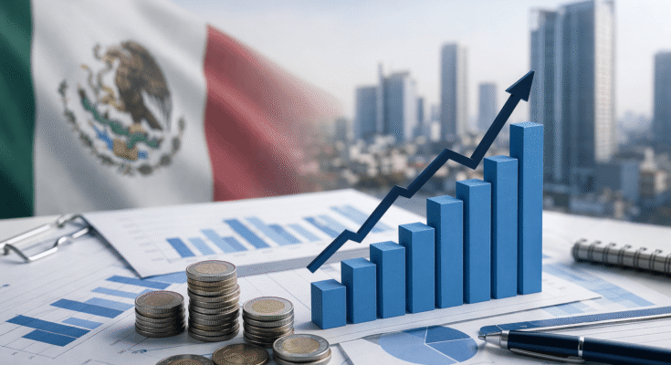 Gráfico ascendente y elementos financieros sobre economía en México.