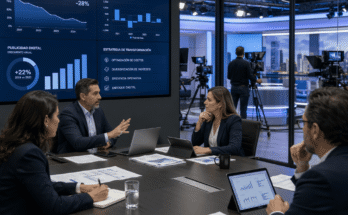 Ejecutivos analizan gráficos financieros y estrategias de reestructuración en una empresa de medios en México